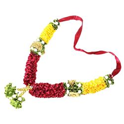 Mala/ Garland Yellow & Maroon with artificial Flowers- for God/ Idol/ Puja Decor/ Festival/ Photo frame- Pack of 1- Length 22cm/8.6inches