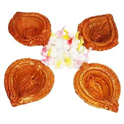 Traditional Terracotta Clay Diya- Pack of 4- with Cotton Wicks
